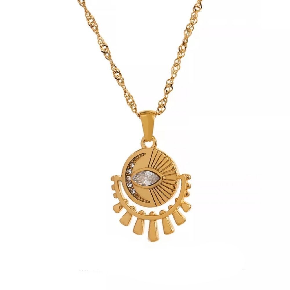 Evil Eye Cubic Zirconia Moon 18k Gold Plated Stainless Steel Pendant Necklace